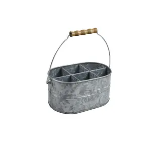 Wholesale Suppliers Galvanized Tin Caddy with 6 Compartments Multipurpose Silverware Utensil Carry with Wood Handle