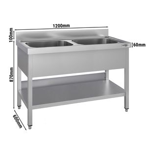 Évier commercial en acier inoxydable ECO - 1200x600mm - avec double bac central - avec étagère inférieure - avec rebord - Product Image 2
