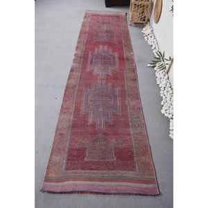 Vintage Turkish Style Kilim Rug <b>Red</b> Purple 2.7 X 10.9 ft Large Area Classic Boho Patchwork Pattern Wool Material <b>Latex</b> Backing - Product Image 1