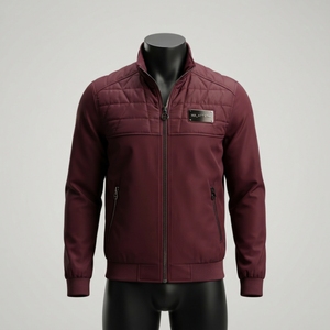 Chaqueta Cortavientos Acolchada Color Borgoña para Hombre, con Cuello Alto, Cierre Completo, Estilo Utilitario para Exteriores, con Múltiples Bolsillos - Product Image 1
