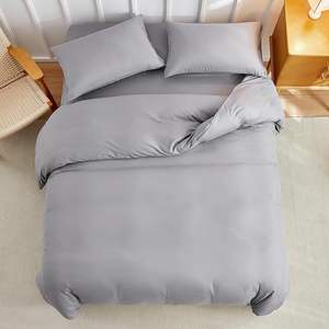 4PCS Bedding Set with <strong>Fitted</strong> <strong>Sheet</strong> Soft Microfiber <strong>Double</strong> Duvet Set with Pillowcases and Extra <strong>Fitted</strong> <strong>Sheet</strong> Solid Grey - Product Image 2