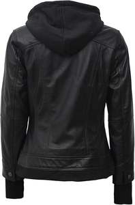 Veste en cuir d'agneau à capuche personnalisée pour femmes, vêtements d'extérieur élégants et confortables avec capuche amovible, motif solide tissé - Product Image 3