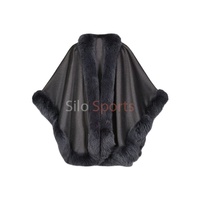 Cape longue en cachemire et laine noire pour femme, finition OEM, douce, avec bordure en fourrure de renard, épaisse, faible MOQ, mode hiver chauffante