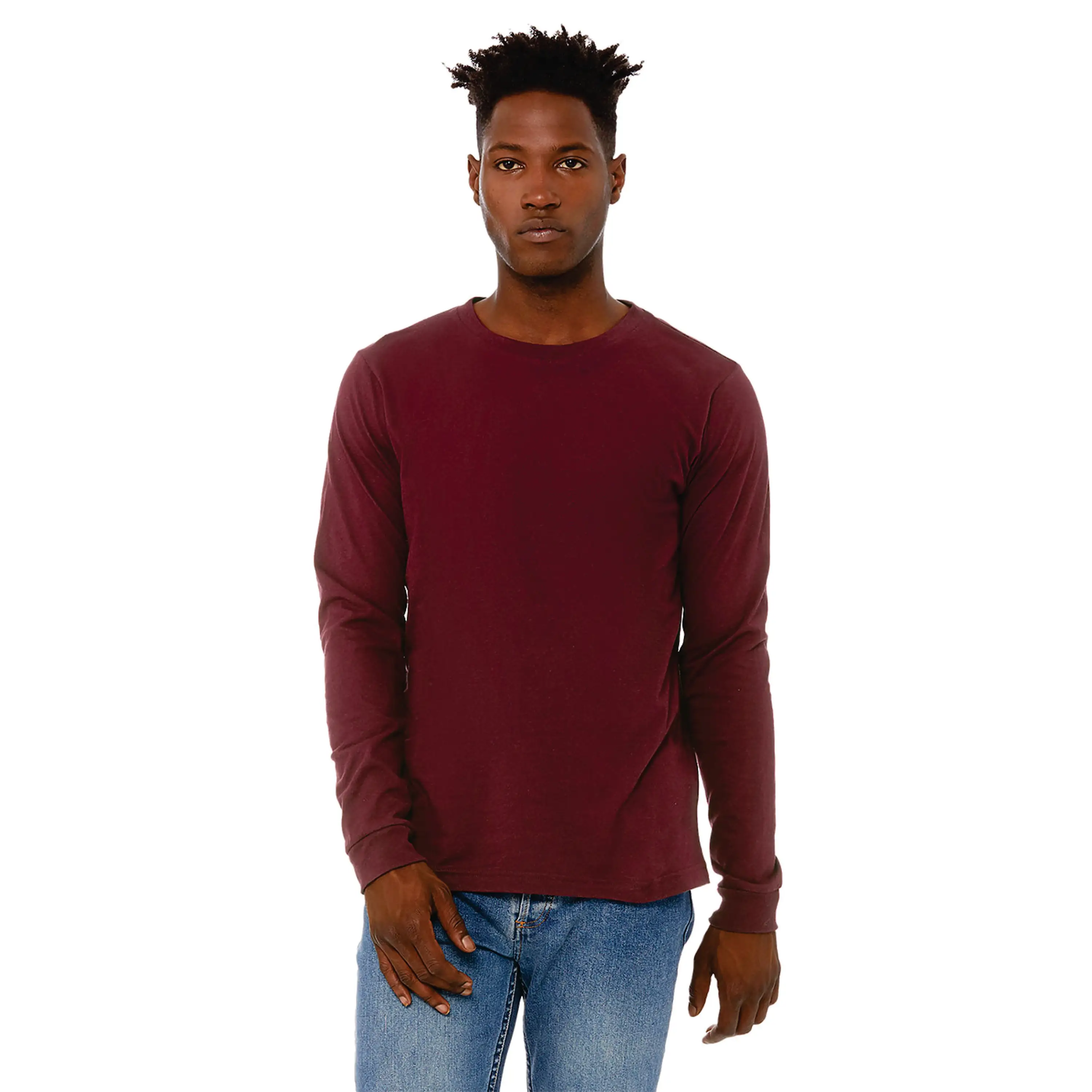 100% Airlume Combed and Ring Spun Cotton 32 Single 4.2 oz Maroon Classic Crew Neck Unisex Jersey Long Sleeves T-Shirt