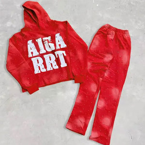 Top personnalisé hiver lavage à l'acide évasé survêtements Zip 450 GSM 100% coton Jogging costume en détresse soleil délavé strass sweats à capuche - Product Image 6