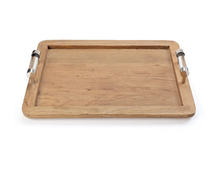Plateau de service en bois d'acacia manche en acier inoxydable plateau de service de vaisselle de qualité supérieure plateau en bois - Product Image 5
