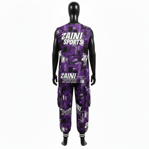 Conjunto de pantalón cargo y top sin mangas para hombre, 220 GSM, poliéster y spandex, morado y negro, con logotipo gráfico sublimado, conjunto de 2 piezas para hombre - Product Image 2