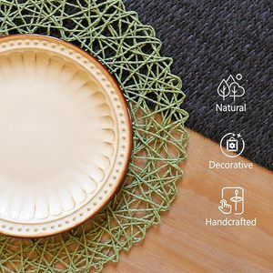 Table à manger ronde et extérieure en papier tressé, table ronde verte résistante à la chaleur, antidérapante naturelle, faite à la main, aspect royal - Product Image 2