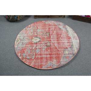 Alfombra Turca Vintage Redonda de 4.5x4.5 pies (136x136 cm), Alfombra Roja Sólida - Product Image 3