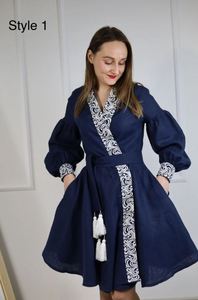 Ukrainian Embroidered Long <b>Balloon</b> Sleeves Knee Length <b>Round</b> Neck Exclusive Women Dress Luxury Ukrainian Long Sleeve Calf Length - Product Image 4