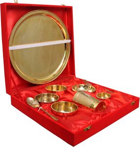 Vajilla o vajilla tradicional india de 9 piezas, juego de cena duradero Thali, cuencos, cuchara de vidrio, chapado en latón - Product Image 2