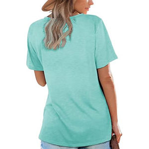 Camiseta verde de manga corta con cuello cuadrado informal para mujer, diseño de estampado bordado de Color sólido, logotipo de Material de lona de poliéster - Product Image 3