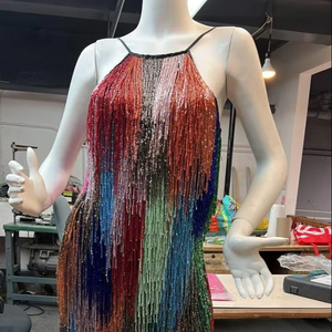 Custom Size Eco-Friendly Washable Midi Evening <b>Dress</b> with Full Beaded Handwork <b>Halter</b> Neckline and Colorful Fringes for Parties - Product Image 4