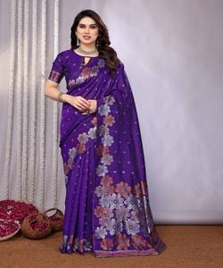 CRÉATEUR LITCHI SOIE JACQUARD TRAVAIL SAREE AVEC CHEMISIER NON COUDU VÊTEMENT FESTIF PRIX DE GROS VÊTEMENT ETHNIQUE VIOLET - Product Image 1