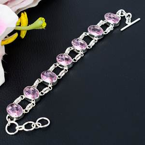 กำไลข้อมือสไตล์โบฮีเมียนชุบเงิน925ปรับได้พร้อมพลอยคูนไซต์สีชมพูขนาด7-8นิ้วส่วนประกอบเครื่องประดับของขวัญ - Product Image 3