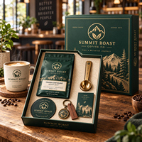 Coffret cadeau de café AT PACK avec emballage personnalisé, porte-clés, aimant de réfrigérateur, tasse et solutions de marquage haut de gamme