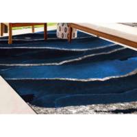 Tapis en laine patchwork bleu marine - Tapis d'intérieur de luxe écologique traditionnel pour bureau avec envers en latex et poils moyens