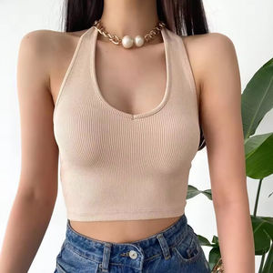 Personnalisé à la mode été solide mince côtelé court haut sans manches femmes col en v dos nu Beige Crop débardeurs pour les femmes - Product Image 1