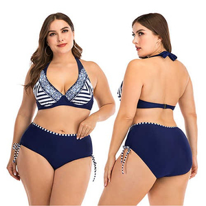 Women's <b>Plus</b> <b>Size</b> Striped Halter Bikini Set 1 Piece High Waist Bottoms Push <b>Underwire</b> Top Sexy <b>Swimwear</b> Spandex Polyester - Product Image 5