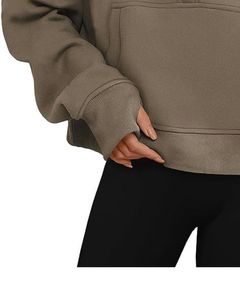 Sweat-shirt à capuche mi-zippé marron pour femme, surdimensionné, en polaire chaud, avec col montant, doux, pour l'hiver, style décontracté, confortable, avec poche - Product Image 5