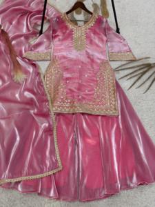 New Heavy Light Pink Silk Punjabi <b>Kurti</b> with Dupatta for Sequence Embroidery for Wedding Party Wear Ceremonial Festival - Product Image 5