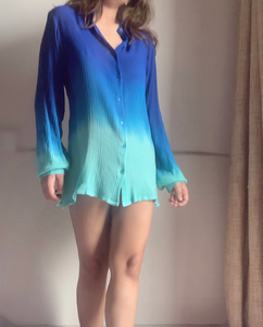 2025 attrayant Ombre été vacances dames cravate-teinture à manches longues coton crêpe chemise pour femmes rabattre col bleu chemise - Product Image 3