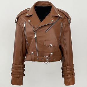 Veste en cuir verni unisexe noire en peau de mouton, coupe-vent, respirante, élégante, style motard, teinte unie pour l'automne - Product Image 5