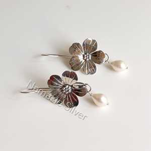 Pearl <b>Dangle</b> <b>Earrings</b> : 925 <b>Sterling</b> <b>Silver</b> Flower Handmade June Birthstone Gift - Product Image 6