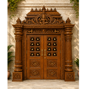 South Indian Temple Style Wooden Double Door for Home <b>Mandir</b> Traditional Wooden Double Door With Bell Design For Home <b>Mandir</b> USA - Product Image 1