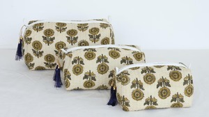 Block Print Eco-Friendly Vintage <b>Large</b> Capacity for <b>Bag</b> Set Quilted Cotton Cosmetic Pouches with Zipper Closure - Product Image 5