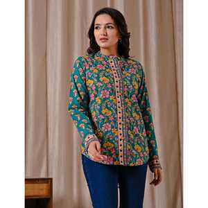 Blusa de Algodón Estampada Verde Oscuro con Botones Frontales y Característica Transpirable - Product Image 5