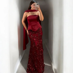 Vestido de Noche Personalizado para Mujer, Satinado, Manga Corta, Formal, para Boda, Hecho a Mano, Recto, Color Borgoña para Azul Marino, Tallas 36 38 40 42 - Product Image 1