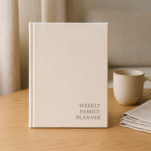 LABON Agenda familial hebdomadaire minimaliste avec couverture rigide en tissu beige Organisateur neutre élégant pour la maison, la <span class=keywords><strong>cuisine</strong></span> ou le bureau - Product Image 1
