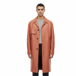 <b>Men's</b> Genuine Leather Cowhide <b>Trench</b> <b>Coat</b> Double Breasted Long Overcoat Belt Turn-down Collar Solid Color Button Detail Warm - Product Image 1