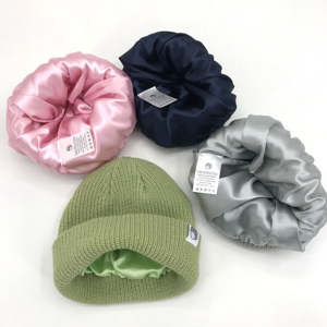 Acrylic Woven Patch Logo Skull Cap Wholesale Unisex Knit <b>Satin</b> <b>Lined</b> <b>Beanie</b> Hat Custom Logo - Product Image 4