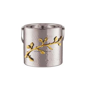 Acier inoxydable Argent Brillant Poli Texture Martelée Seau À Glace Bacs À Boissons Avec Feuilles Plaqué Or Conception Bar Accessoires - Product Image 1