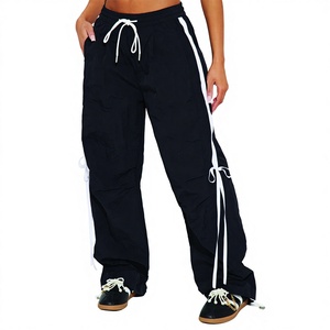 Womens Wide Leg Nylon Track Pants Side Stripe <b>Drawstring</b> Bow Detail Casual Streetwear Men's Pants & <b>Trousers</b> - Product Image 1