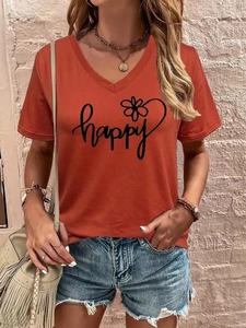 Camiseta con estampado de letras divertidas para mujer, camiseta de manga corta con cuello en V, ropa informal para mujer, moda de verano, patrón de flores para niña - Product Image 4