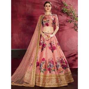 Robes de soirée en soie Banglori à imprimé floral pêche, élégantes tenues de mariage, Lehenga Choli - Product Image 1