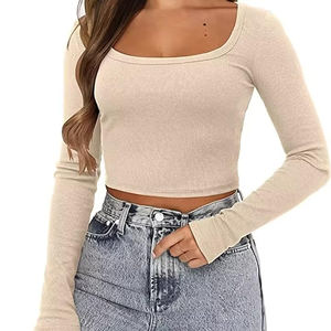 BD femmes été automne haut court t-shirts à manches longues Sexy V profond col solide coupe ample courte longueur tricoté tissu uni teint - Product Image 6