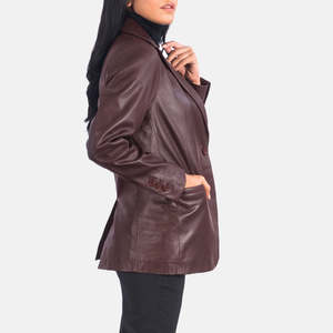 Norma Maroon Leather <b>Blazer</b> with Single Button Closure Knitted and Woven Weaving Embroidery and Print Decoration - Product Image 2