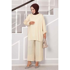 ชุดฮิญาบแบบลำลอง2ชิ้นสีเบจผ้าถักแบบมีจีบคอตั้งสำหรับฤดูใบไม้ผลิ - Product Image 4