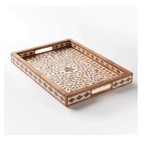 Plateau de service en bois à motif floral Décor d'ustensiles de cuisine Incrustation d'os en bois Plateau décoratif Utilisation du café Vente chaude au prix de gros - Product Image 4