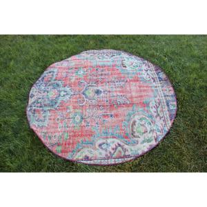 Alfombra de 4.7x4.7 pies, Alfombra Turca Vintage, Alfombra a Rayas Rojas y Azules - Product Image 4