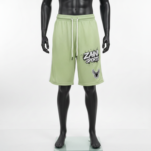กางเกงขาสั้นผู้ชายผ้าโพลีเอสเตอร์ตาข่ายพรีเมียม 180 GSM สีเขียวอ่อน พิมพ์ลายโลโก้ด้วยความร้อน สำหรับออกกำลังกาย - Product Image 2