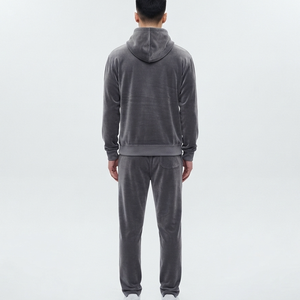 Men's Gray Hooded <b>Tracksuit</b> Set Full Length Sweatpants With Drawstring Casual Winter Wear Solid Color Breathable <b>Velour</b> Fabric - Product Image 5