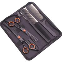 VENTA CALIENTE Kit de tijeras de pelo profesional negro y dorado Juego de peluquero recubierto de titanio de 5 piezas con tijeras de corte de borde de maquinilla de afeitar