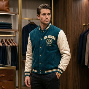 Veste bomber en velours côtelé bleu turquoise pour homme, manches en cuir crème, broderie personnalisée, OEM ODM, vente en gros - Product Image 2