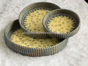 Bao Minh DT337 Ensemble de 3 plateaux de service ronds en jonc de mer Nacre 100% naturel Multifonctionnel Vintage Moderne Décoratif Vietnam - Product Image 5