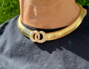 18K Solid Real Yellow Gold <b>Interlocking</b> Double Circle Choker Natural Diamond Women's Fashion Jewelry Gold Plated - Product Image 1